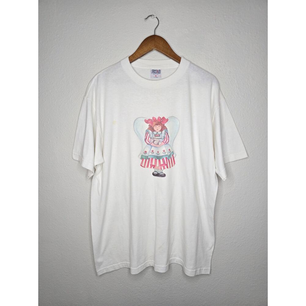 Vintage Angel Doll Shirt White XL Whimsical Folk Art Cottage Core Tee